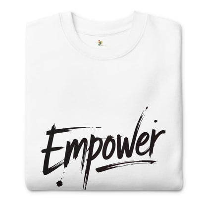 White sweatshirt with 'Empower' text on a white background