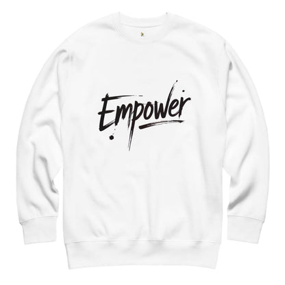White sweatshirt with 'Empower' text on a white background