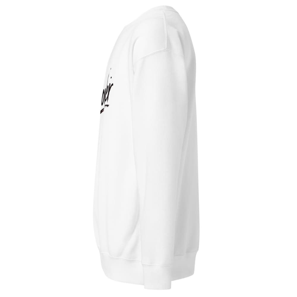 White sweatshirt with black logo on a white background