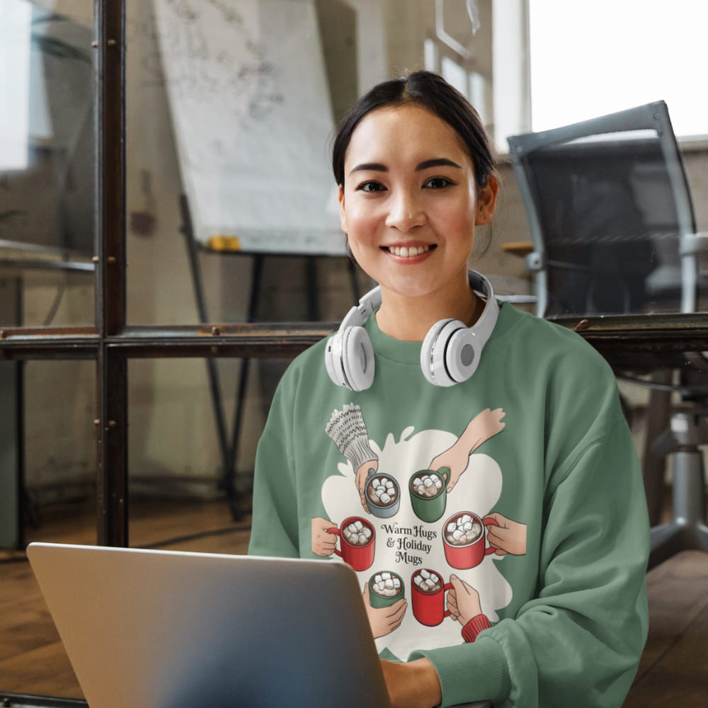 Person wearing a green sweatshirt with a graphic design, sitting in an office setting.