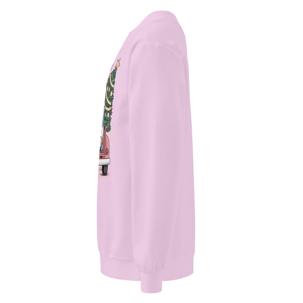 Light pink sweatshirt with a graphic design on the sleeve against a white background