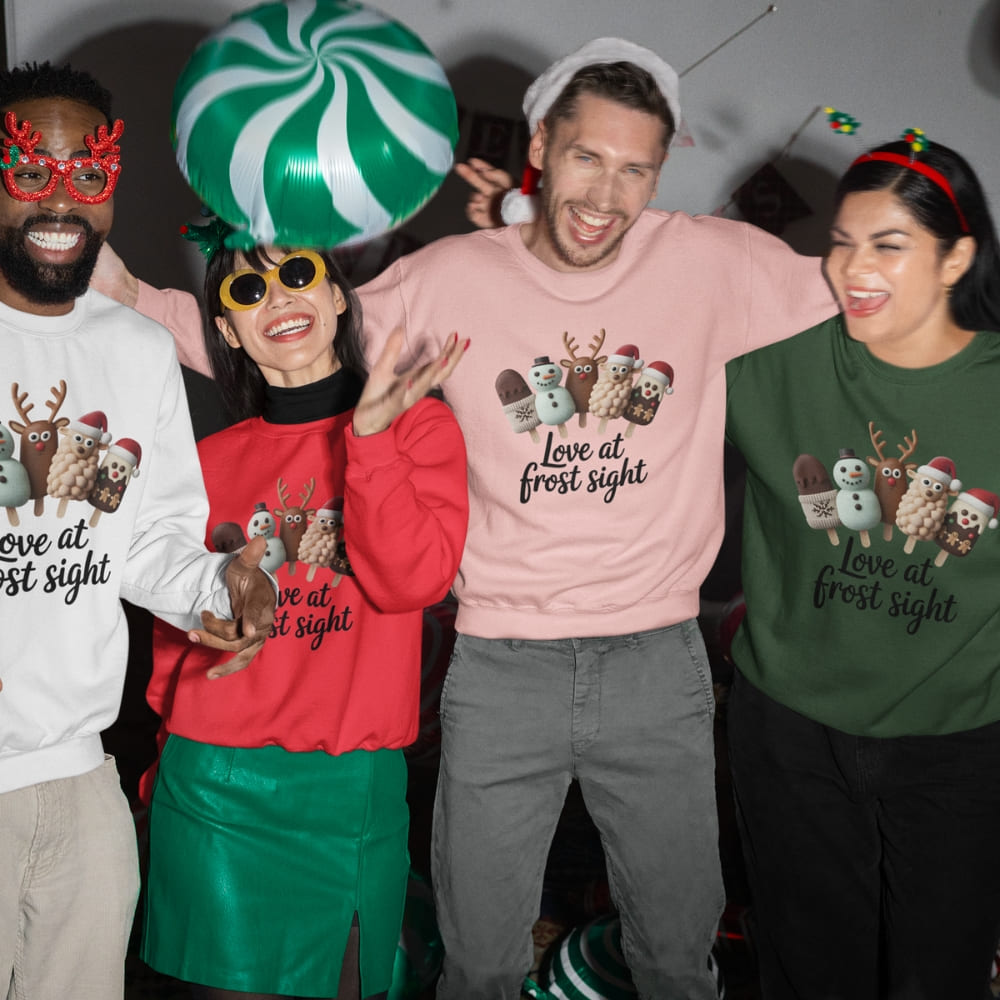 Four people wearing Christmas-themed clothing and accessories, including sweaters and novelty hats.
