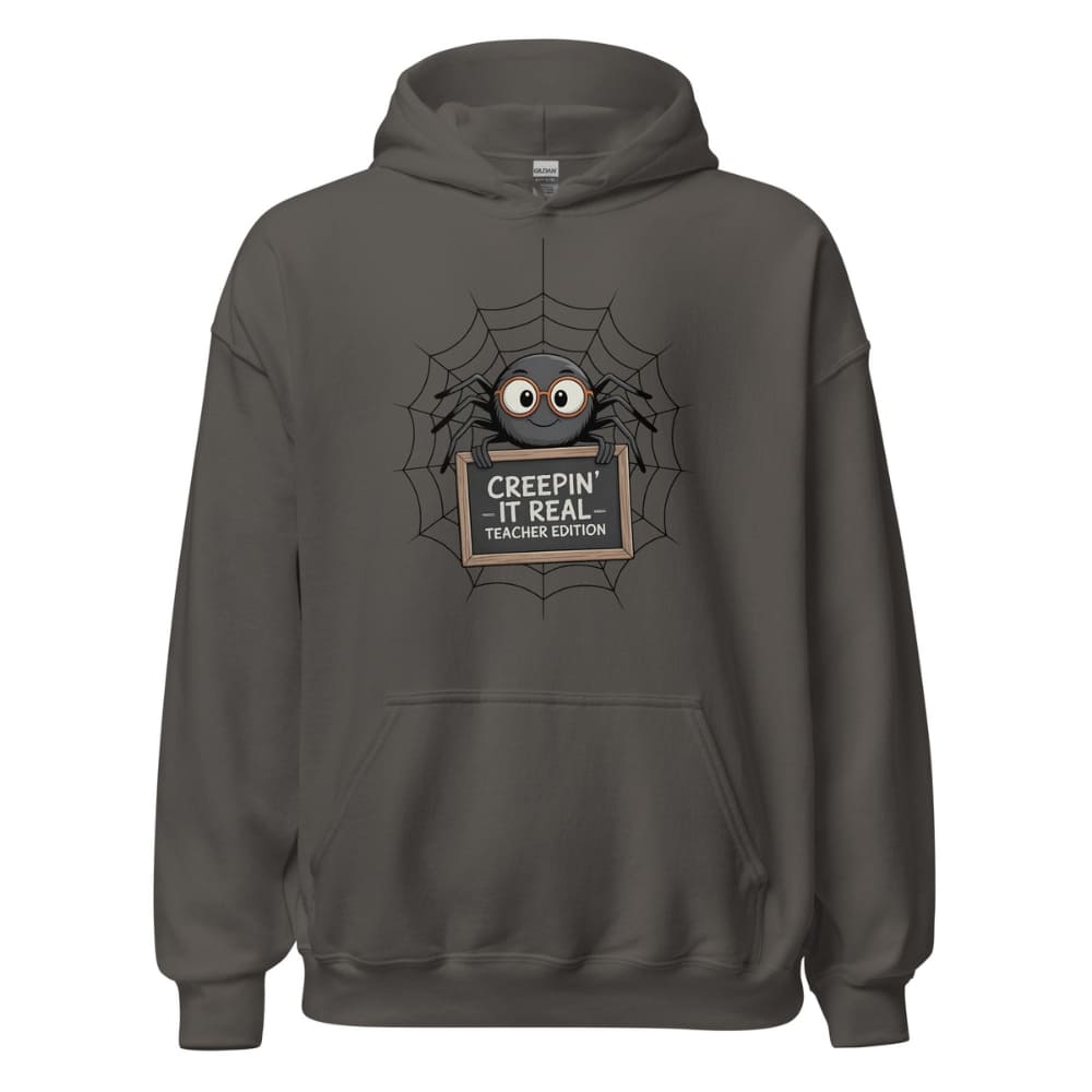 Dark gray hoodie with a spider graphic and text on a white background
