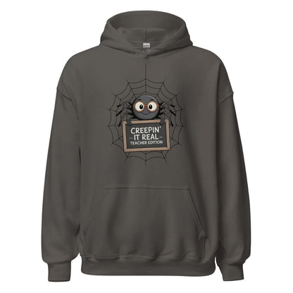 Dark gray hoodie with a spider graphic and text on a white background