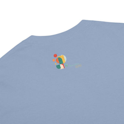 Light blue t-shirt with a colorful logo on the chest against a white background