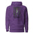 Purple hoodie with a graphic design and text 'Haunted Hallways, Healing Hands' on a white background