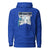 Blue hoodie with graphic design on a white background