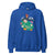 Blue hoodie with a colorful graphic of a witch and text on a white background