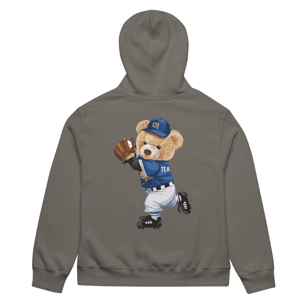 Gray hoodie with a bear graphic in a baseball uniform on the back, on a white background