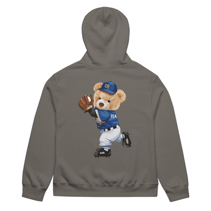 Gray hoodie with a bear graphic in a baseball uniform on the back, on a white background