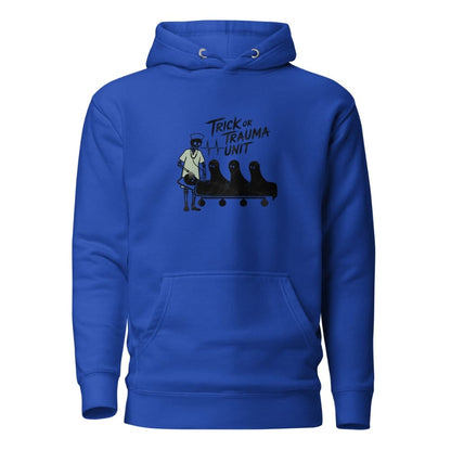 Blue hoodie with graphic design on a white background