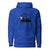 Blue hoodie with graphic design on a white background