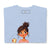 Light blue t-shirt with an illustration of a girl holding a cup on a white background