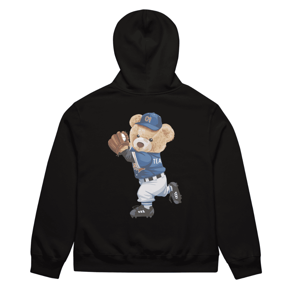 Black hoodie with a teddy bear graphic wearing a blue cap and jersey on a white background