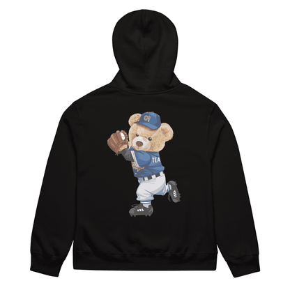 Black hoodie with a teddy bear graphic wearing a blue cap and jersey on a white background