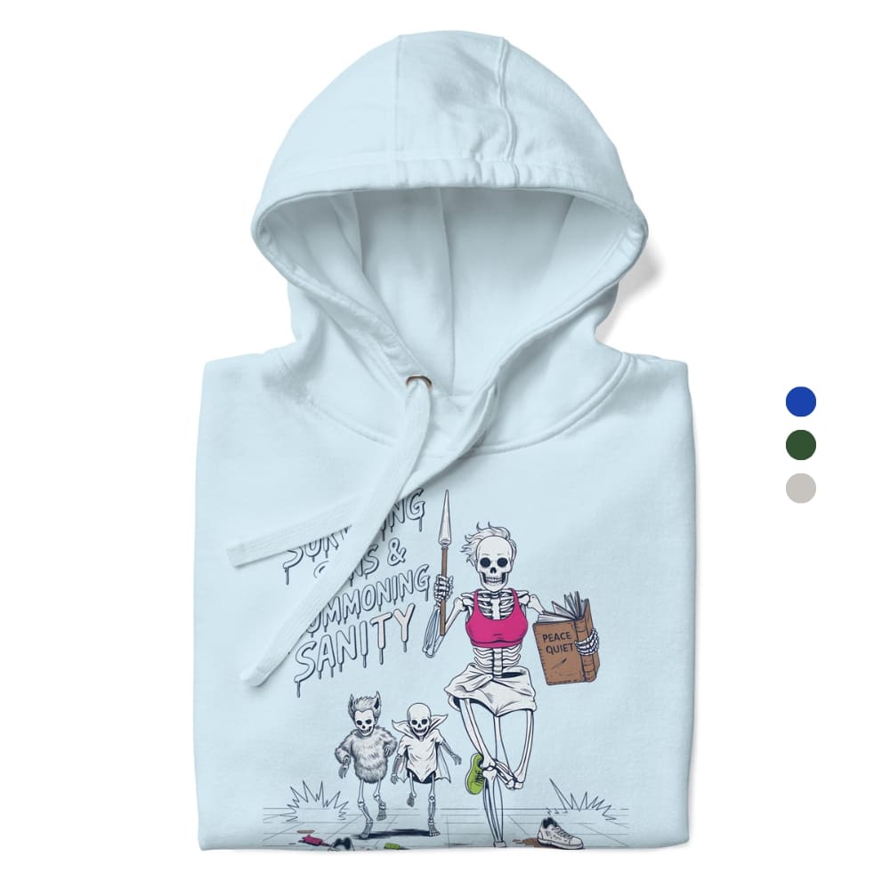 Light blue hoodie with graphic design on a white background