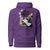 Purple hoodie with graphic design and text on a white background