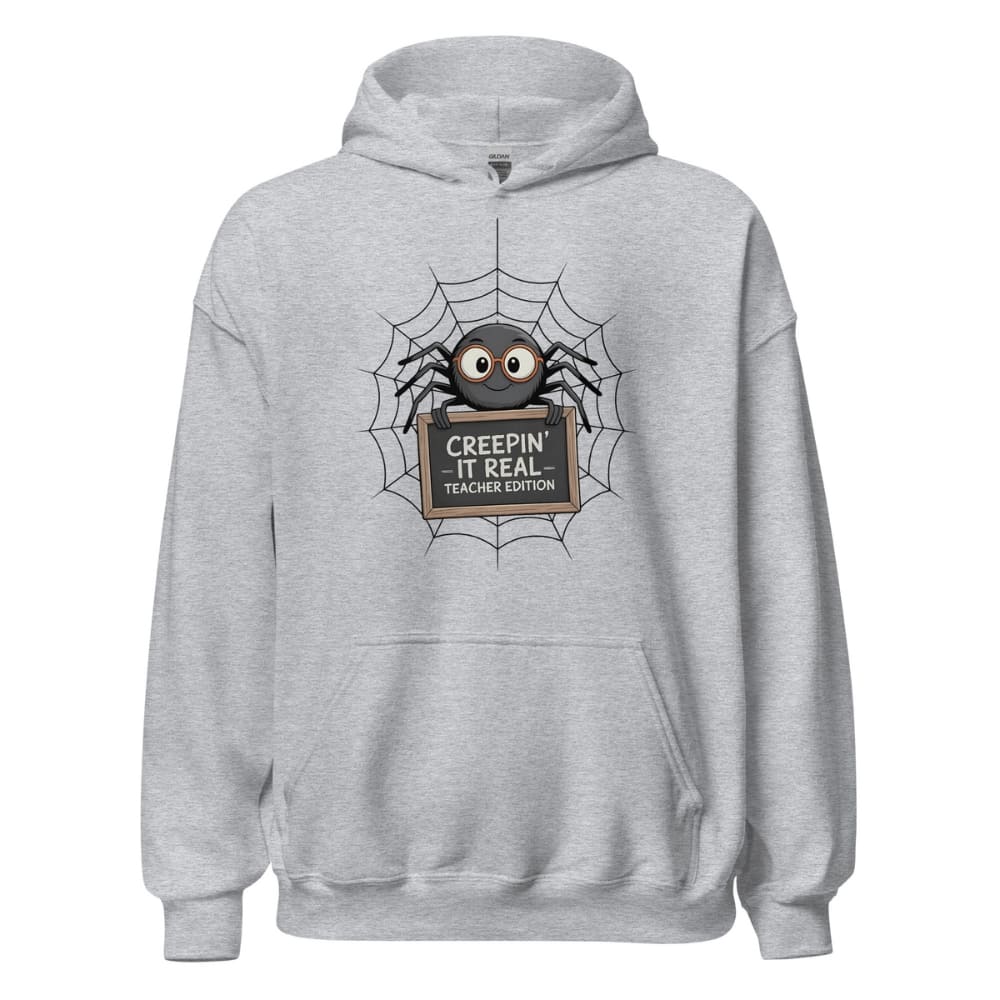 Gray hoodie with a spider graphic and text on a white background