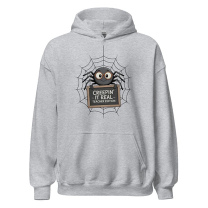 Gray hoodie with a spider graphic and text on a white background