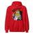 Red hoodie with a cartoon character holding a cup and bottle on a white background