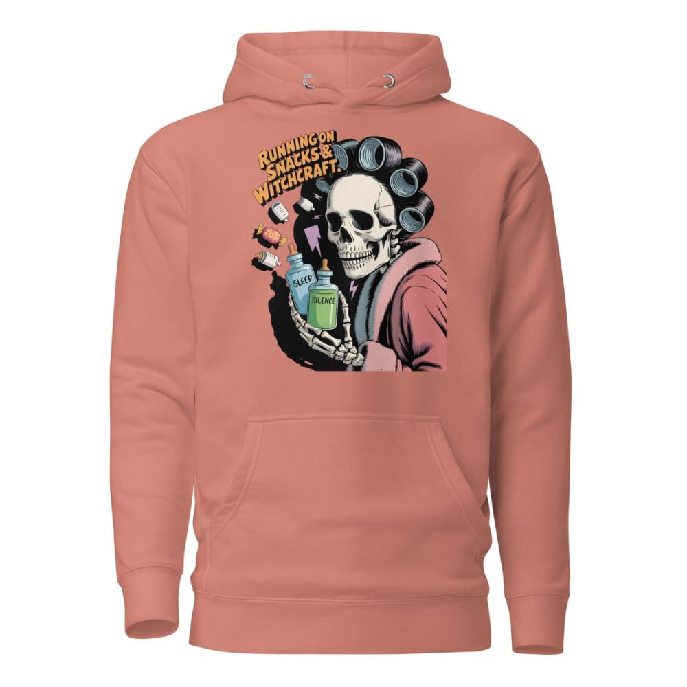 Peach hoodie with a skeleton holding bottles and text on a white background