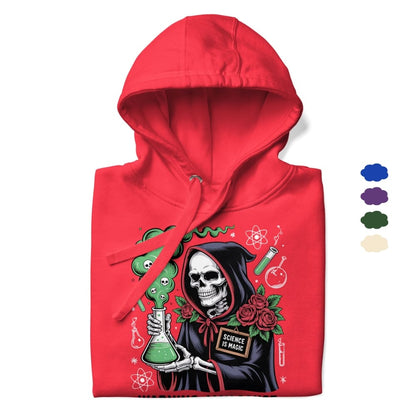 Red hoodie with a graphic design of a skeleton holding a beaker, surrounded by roses and science-themed elements on a white background.