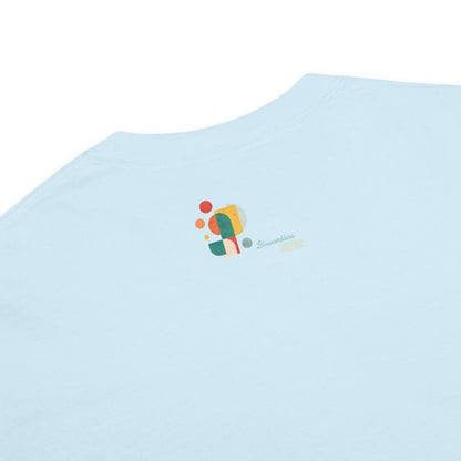 Light blue t-shirt with a colorful logo on a white background