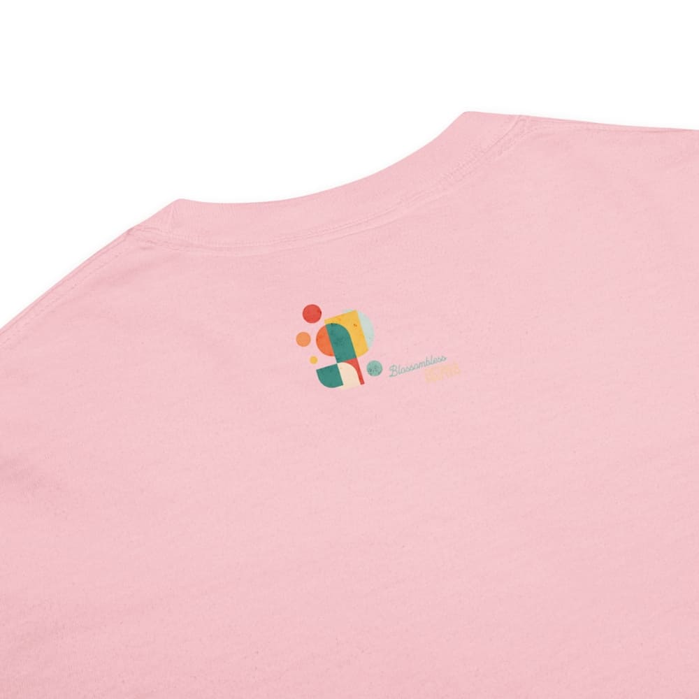 Pink shirt with a colorful logo on a white background