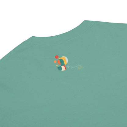 Green t-shirt with a colorful logo on a white background