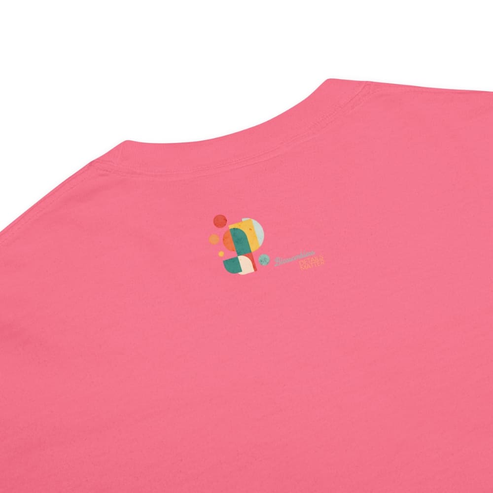 Pink t-shirt with a colorful logo on a white background