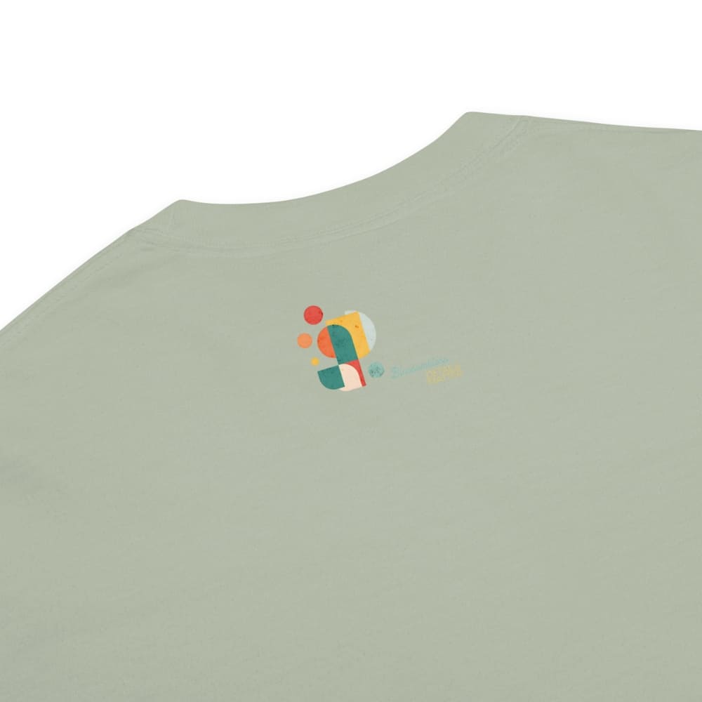 Light green t-shirt with a colorful logo on a white background