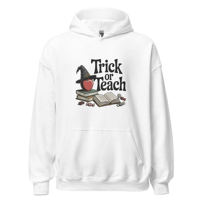 White hoodie with 'Trick or Teach' design featuring a witch hat, books, and candy on a white background.
