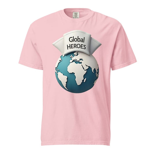 Pink t-shirt with a graphic of a globe and 'Global Heroes' text on a white background