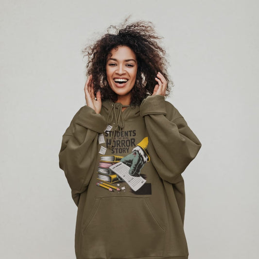 Person wearing a green hoodie with a graphic design on a plain background