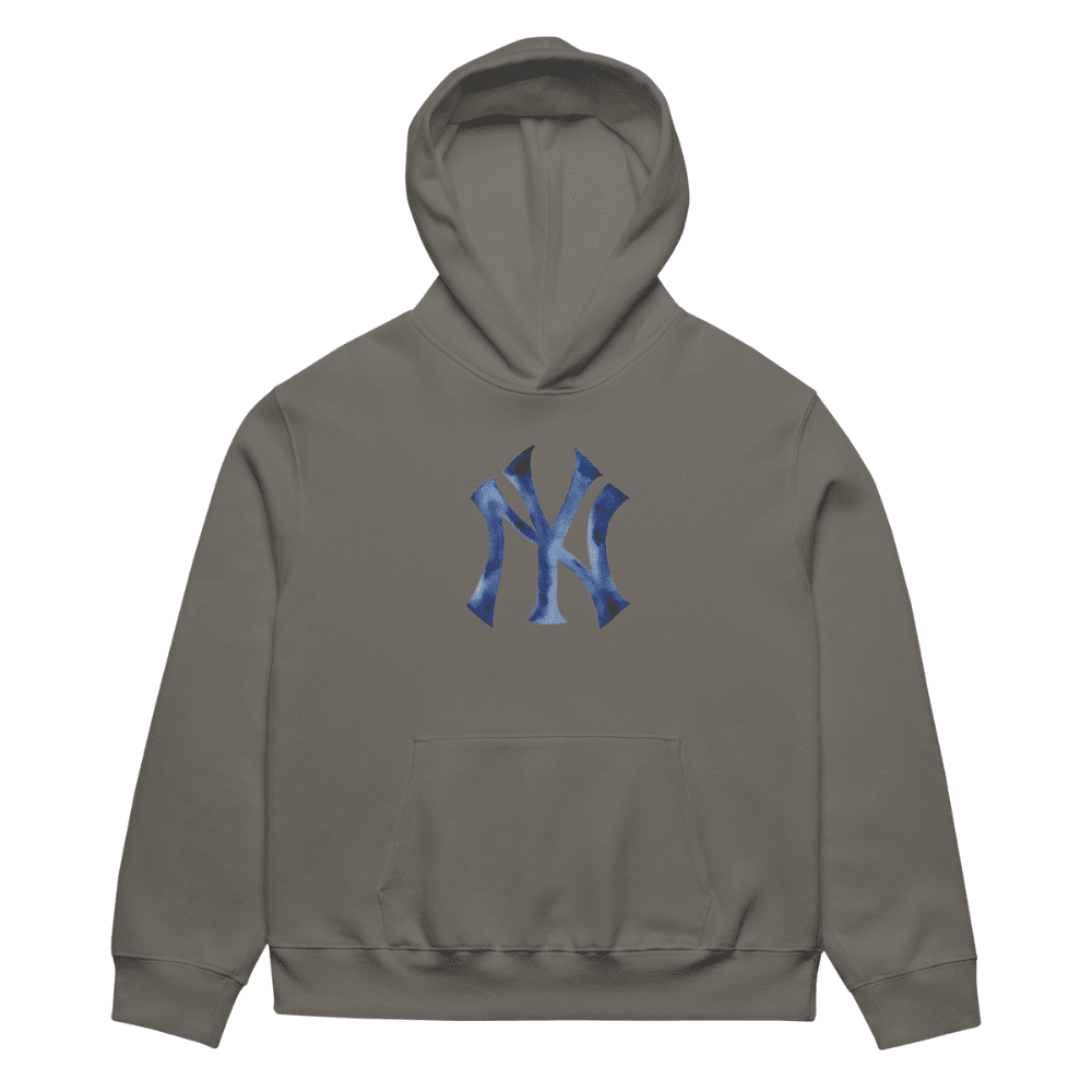 Gray hoodie with blue logo on a white background