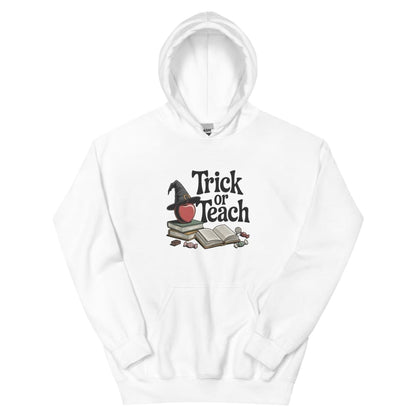 White hoodie with 'Trick or Teach' design on a white background