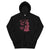 Black hoodie with pink graphic design on a white background
