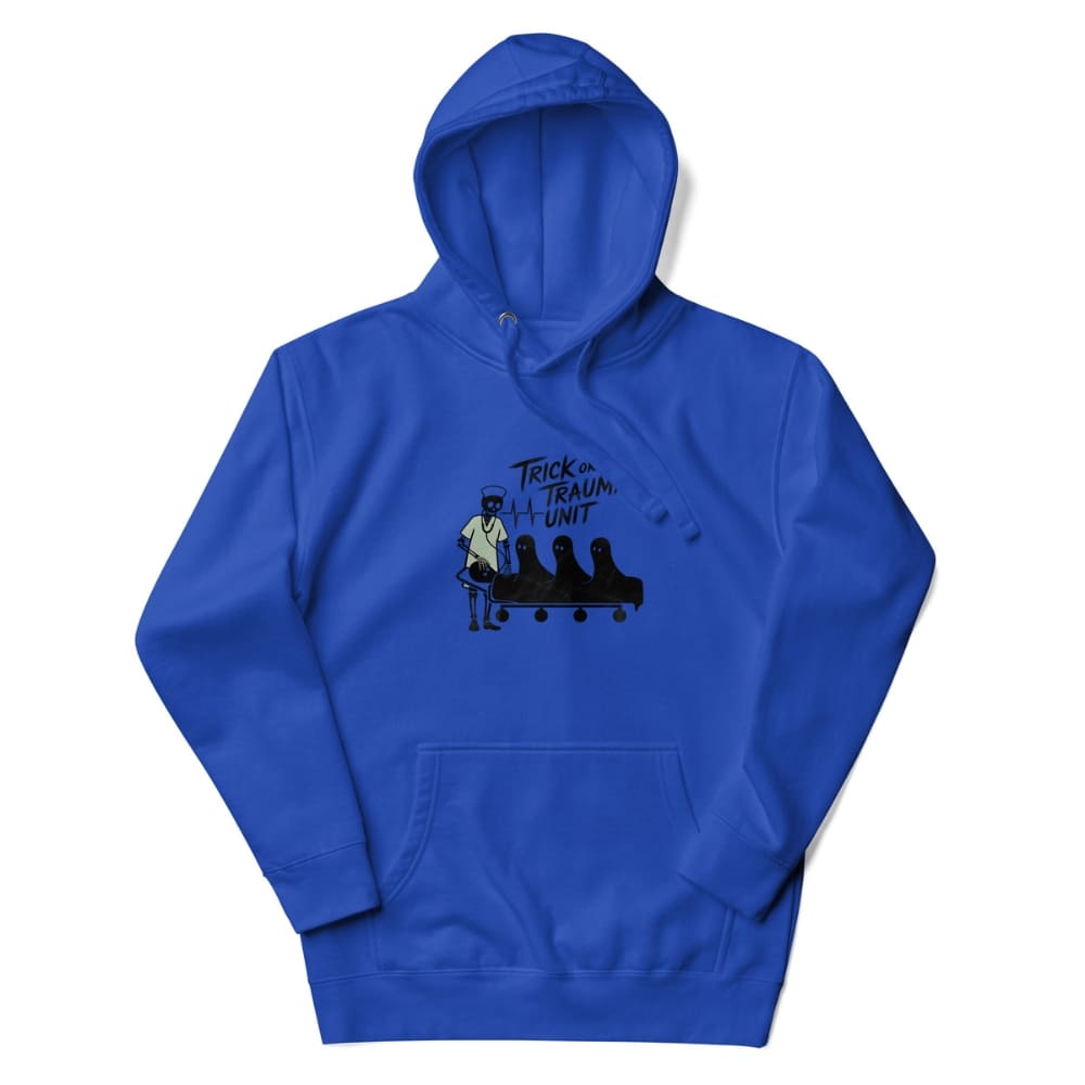Blue hoodie with a graphic design on a white background