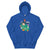 Blue hoodie with a colorful graphic design on a white background