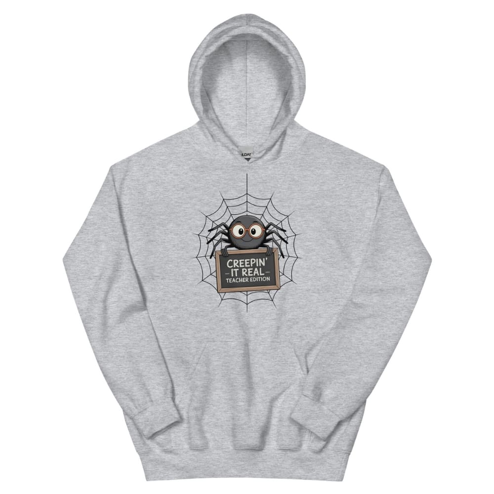 Gray hoodie with a spider graphic and text on a white background