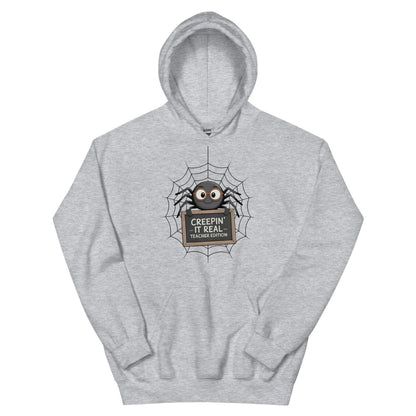Gray hoodie with a spider graphic and text on a white background