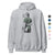 Gray hoodie with a graphic of a person holding books and a skateboard, on a white background.