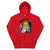 Red hoodie with a cartoon character design on a white background