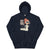 Navy blue hoodie with cartoon design and text on a white background