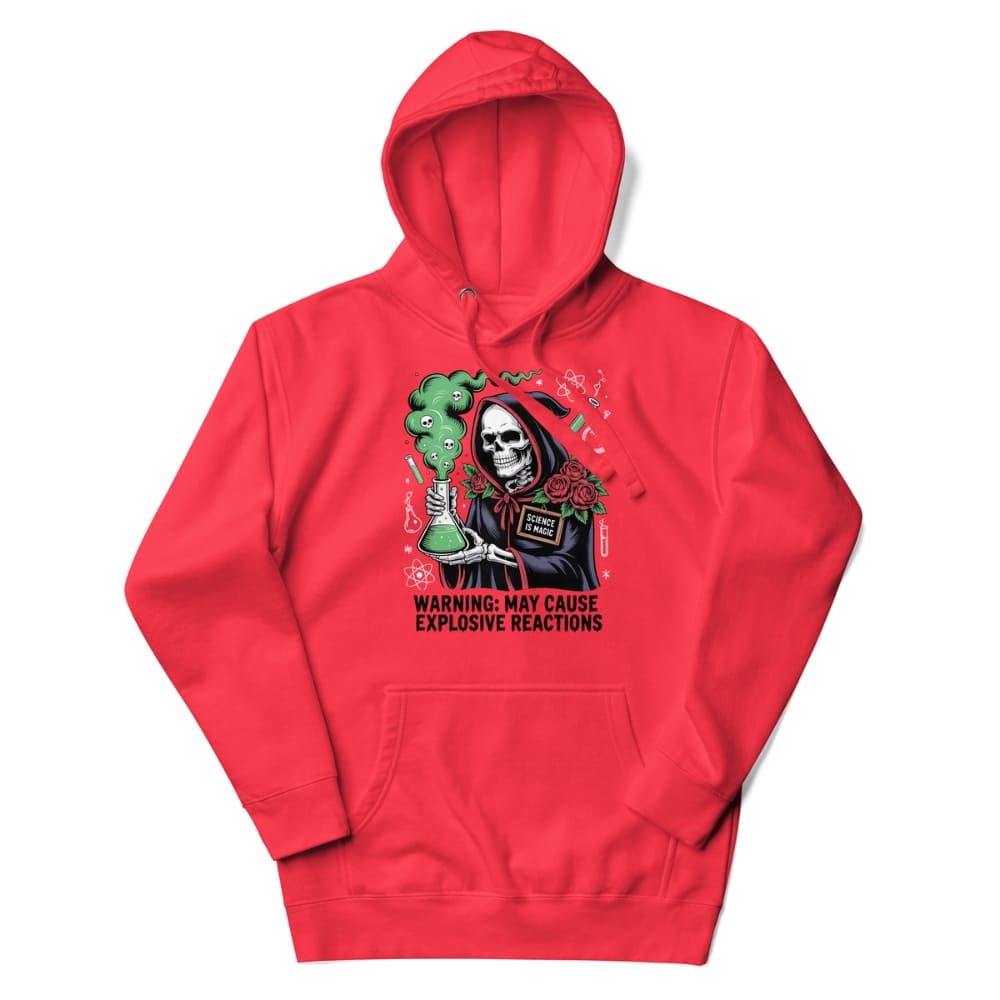 Red hoodie with graphic design featuring a skeleton and text on a white background