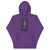 Purple hoodie with a graphic design and text on a white background