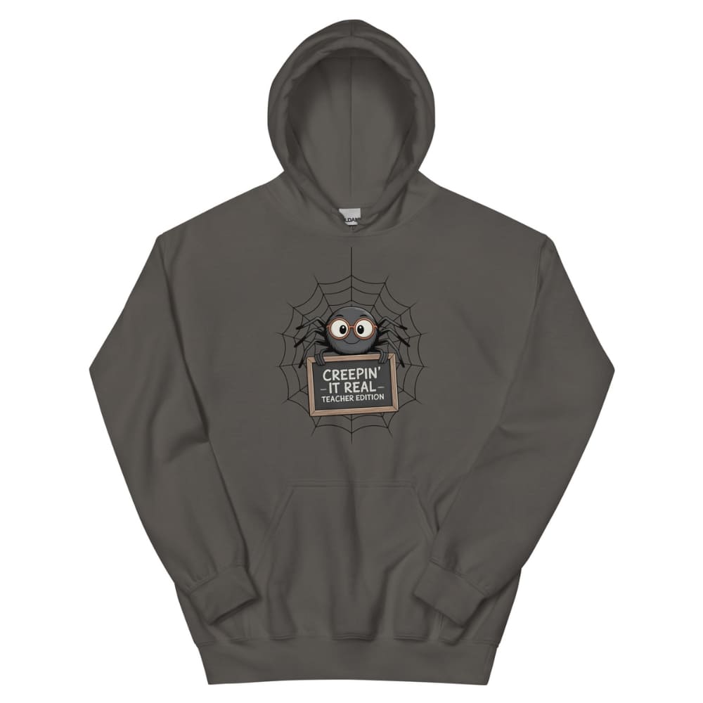 Gray hoodie with a spider graphic and text on a white background