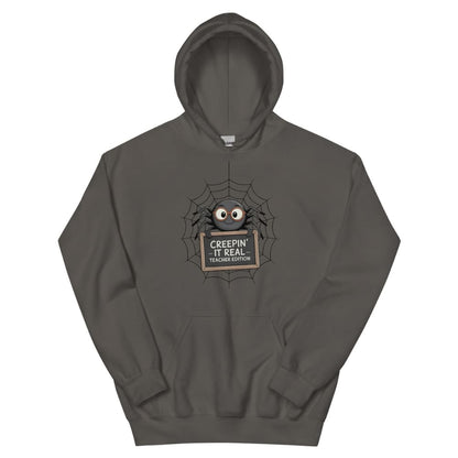Gray hoodie with a spider graphic and text on a white background