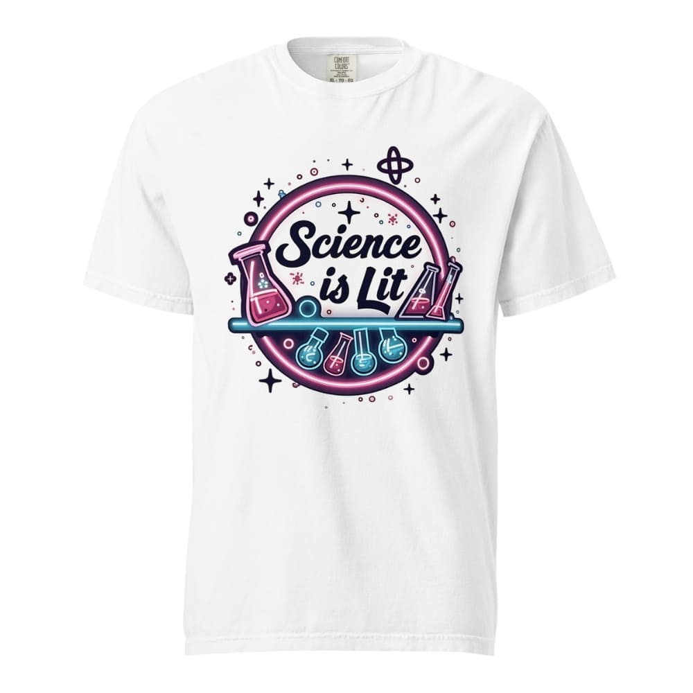 White t-shirt with 'Science is Lit' graphic design on a white background