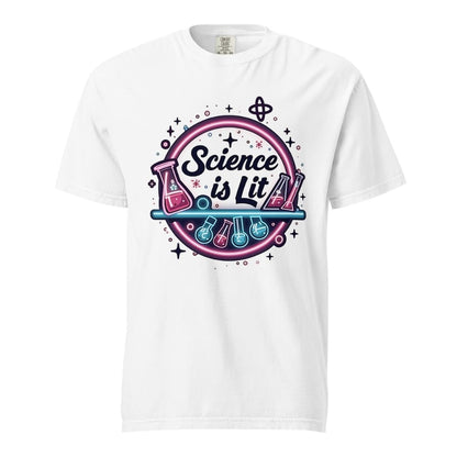White t-shirt with 'Science is Lit' graphic design on a white background